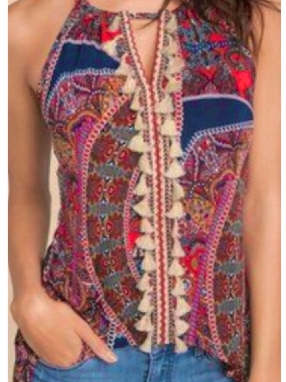 VENUS Multicolor Paisley Halter Camisole with Tassel Trim